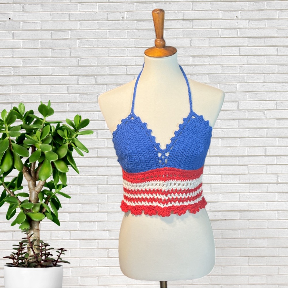 🇺🇸 USA Flag Halter Top 🇺🇸 Handmade Crochet 4th of July Festival Tankini